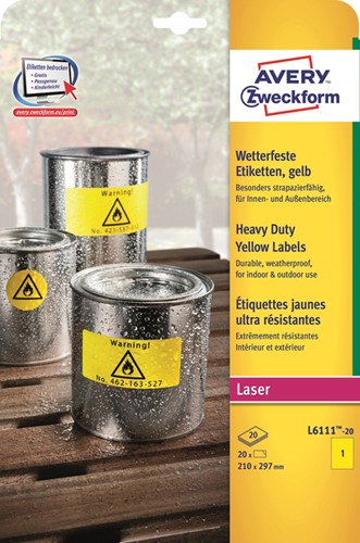 Etiket Avery L6111-20 210x297mm geel 20stuks 20 Vel