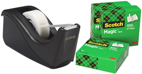 Plakbandhouder Scotch C60 zwart + 4 rol Magic tape 5 Stuk