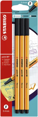 Fineliner STABILO point 88 F zwart 3st 3 Stuk