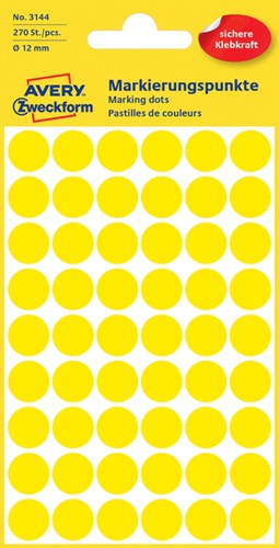 Etiket Avery 3144 rond 12mm geel 270st 5 Vel