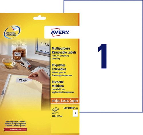 Etiket Avery L4735REV-25 210x297mm A4 wit 25st 25 Vel