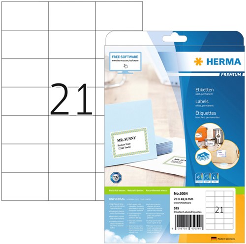 Etiket HERMA 5054 70x42.3mm premium wit 525st 25 Vel