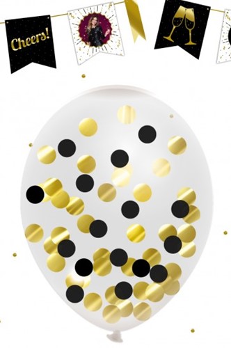 BALLON CONFETTI GOUD ZWART 12 INCH PER 5