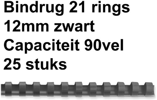 BINDRUG GBC 12MM 21RINGS A4 ZWART 25 Stuk