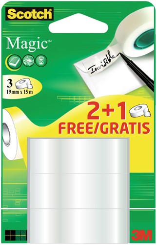 Plakband Scotch Magic 19mmx15m 2+1 onzichtbaar 3 Rol